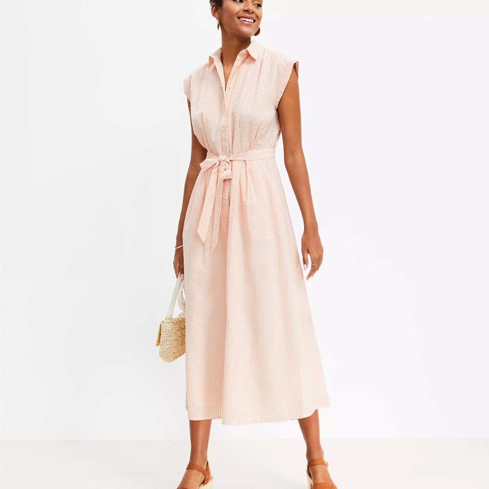 LOFT peachy striped Seersucker Midi Pocket Shirtdress 100% cotton 8